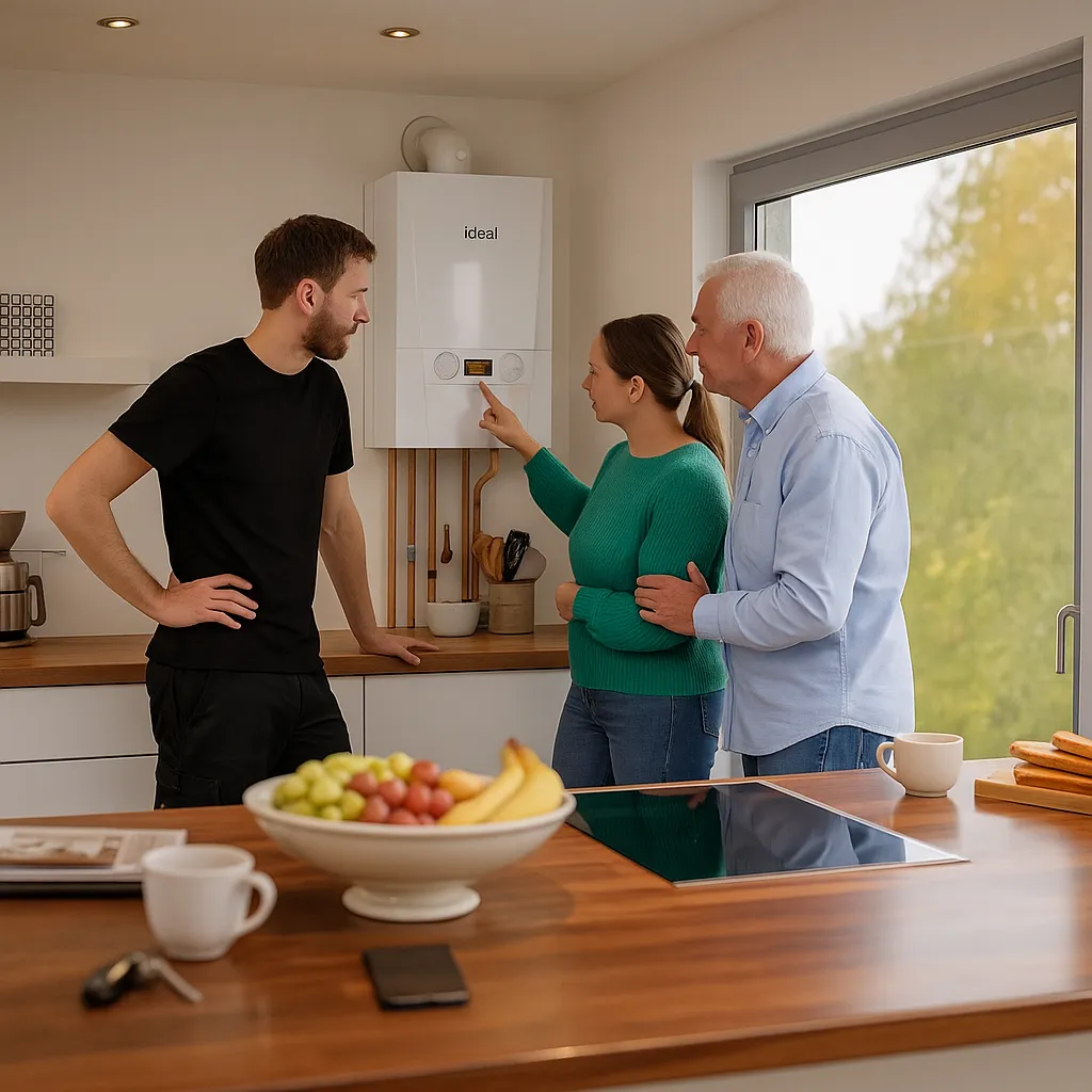 Engineer showing homeowners a wall-mounted Ideal boiler in a London kitchen
